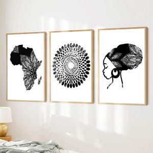 Lot de 3 impressions sur papier africaines, décoration murale africaine moderne noir et blanc, art des symboles africains, impression de carte de l'Afrique, impressions d'art noir, ethnique