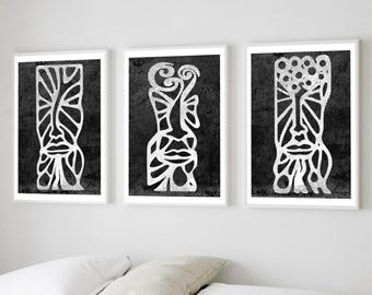 African Mask Prints: Set of 3 Tribal Black & White Wall Art
