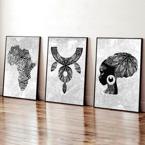 Lot de 3 estampes africaines, art mural noir et blanc africain moderne, estampes de femme africaine, art de la carte de l'Afrique, symboles de l'Afrique, art moderne pour la maison