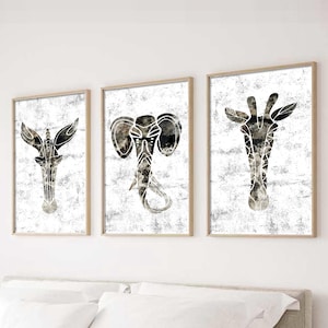 Set di 3 animali astratti africani, arte murale con elefante, zebra geometrica astratta, arte murale con safari, regali di animali per adolescenti, fauna selvatica astratta