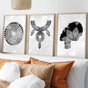 3er-Set Afrikanische Schwarz-Weiß-Wanddrucke, moderne afrikanische Wohnkultur, schwarze Frauendrucke, Afrika-Symbole, afrikanisches schwarzes Kunst-Set, Afrika
