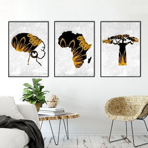 Set of 3 Modern African Art Prints: Woman, Map, Baobab Tree