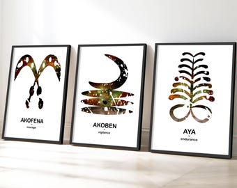 Zestaw 3 nowoczesnych afrykańskich grafik ściennych z symbolami Adinkra