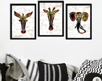 African Safari Animal Prints: Geometric Elephant, Giraffe, Zebra