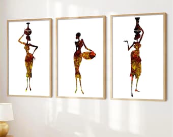 African Women Wall Art Prints: Modern Abstract Decor, Set of 3