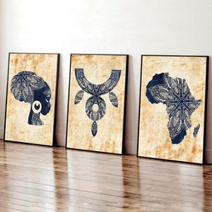 Ensemble de 3 impressions d'art mural africain moderne sur papier Décoration d'intérieur moderne, symboles africains, peinture en forme de carte de l'Afrique, art mural, femme africaine
