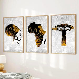 Juego de 3 impresiones de pared de estilo africano, impresión de arte africano moderno, arte de mujer africana, impresión de mapa de África, decoración con patrón africano, arte negro africano
