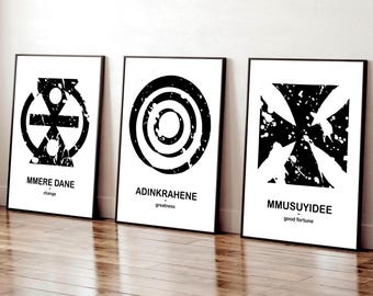 Adinkra Symbol Prints: West African Decor, Set of 3