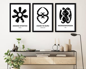 Adinkra Symbols Art Prints: African Black and White Wall Decor, Set of 3