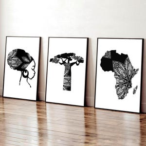 Moderne Afrikanische 3er Set Poster Papierdruck Afrikanische Frau Wand Dekor Baobab Prints Afrika Karte Afrikanische Muster Ethnic Style Prints Set