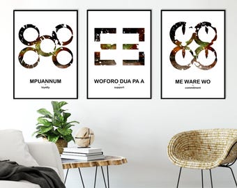 Adinkra Symbols Wall Art Prints: African Home Decor Set of 3