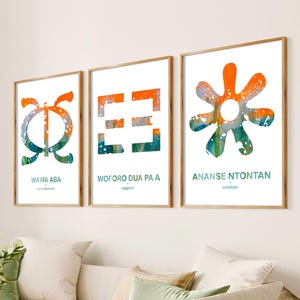 Set di 3 stampe su carta con simboli Adinkra Decorazioni per la casa africane moderne Simboli africani in Kente Decorazioni per pareti moderne Africa Adinkra Design Print UK