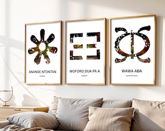 Adinkra Symbol Prints (Set of 3): Modern African Wall Art