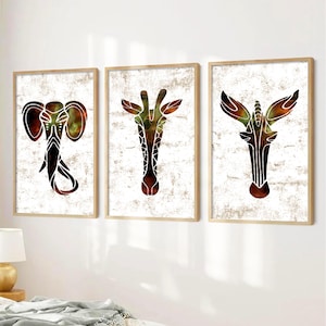 Afrikaanse safaridieren abstract, set van 3 geometrische dierenprints, olifant kunst aan de muur, dierlijke cadeaus voor tiener, wildlife abstract, Afrikaanse kunst