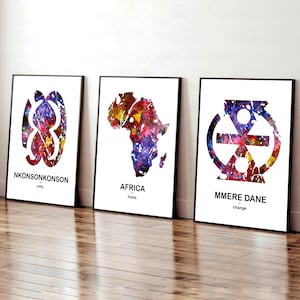 Set of 3 Adinkra Symbol Prints, Modern African Home Decor, African Symbols, Modern Wall Art Decor Africa Adinkra Design Print, Africa Print
