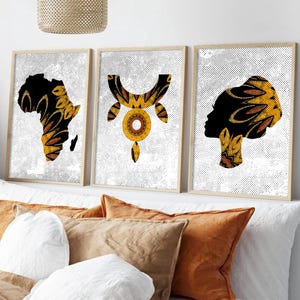 Ensemble de 3 décorations murales modernes de style africain pour la maison, peinture noir et blanc, art femme noire, impression de carte d'Afrique, ensemble de colliers ethniques africains