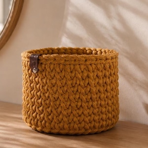 Crochet storage basket with wooden base made of cotton | Utensil organizer | Basket for bathroom, children's room, living room, and organization image 2