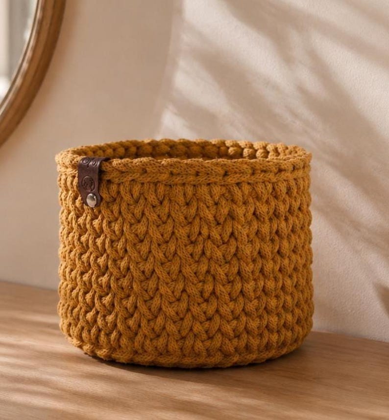 Crochet storage basket with wooden base made of cotton | Utensil organizer | Basket for bathroom, children's room, living room, and organization image 2