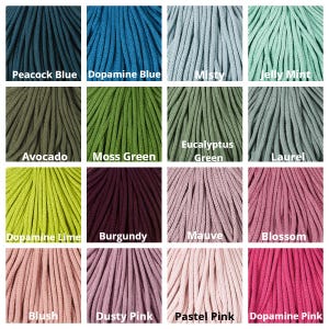 May include: A grid of sixteen samples of braided cord in various colors, each labeled with text including Peacock Blue, Dopamine Blue, Misty, Jelly Mint, Avocado, Moss Green, Eucalyptus Green, Laurel, Dopamine Lime, Burgundy, Mauve, Blossom, Blush, Dusty Pink, Pastel Pink, and Dopamine Pink.
