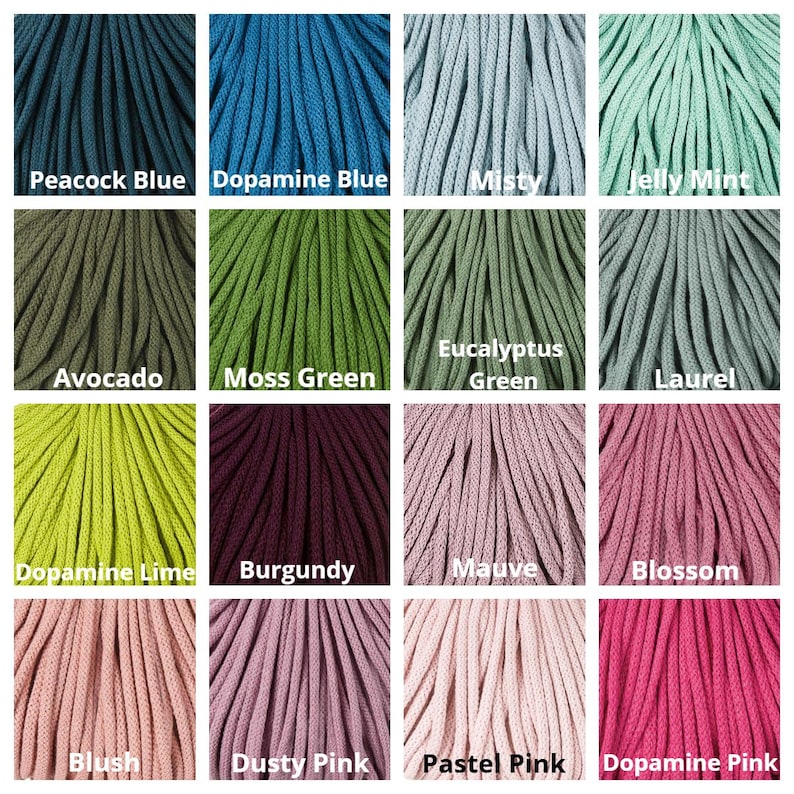 May include: A grid of sixteen samples of braided cord in various colors, each labeled with text including Peacock Blue, Dopamine Blue, Misty, Jelly Mint, Avocado, Moss Green, Eucalyptus Green, Laurel, Dopamine Lime, Burgundy, Mauve, Blossom, Blush, Dusty Pink, Pastel Pink, and Dopamine Pink.
