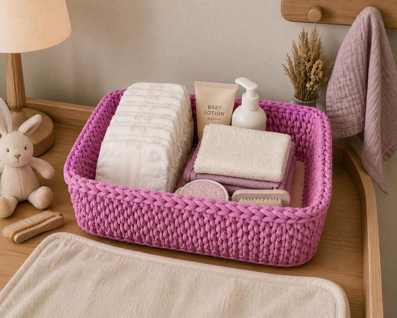 May include: A rectangular, bright purple, chunky knit storage basket containing a stack of disposable diapers, a tube of baby lotion, a white pump bottle, a folded beige washcloth, a small round container, and a wooden baby hairbrush.