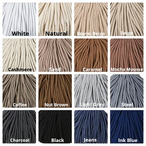 May include: A grid of sixteen bundles of braided cord in various colors labeled White, Natural, Warm Beige, Beige, Cashmere, Sand, Caramel, Mocha Mousse, Coffee, Nut Brown, Light Grey, Steel, Charcoal, Black, Jeans, and Ink Blue.