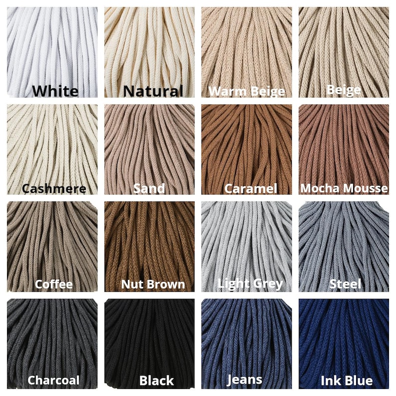 May include: A grid of sixteen bundles of braided cord in various colors labeled White, Natural, Warm Beige, Beige, Cashmere, Sand, Caramel, Mocha Mousse, Coffee, Nut Brown, Light Grey, Steel, Charcoal, Black, Jeans, and Ink Blue.