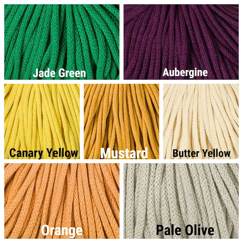 May include: A collection of seven braided cords in various colors labeled as Jade Green, Aubergine, Canary Yellow, Mustard, Butter Yellow, Orange, and Pale Olive. Each section displays the textured, woven surface of the individual cord strands.