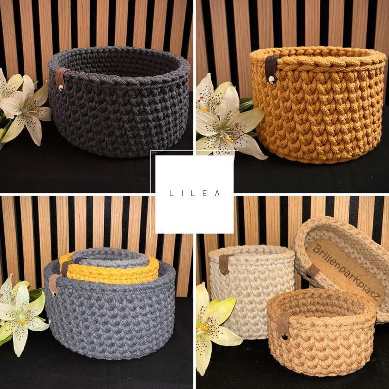 May include: A collection of round, crocheted storage baskets in dark gray, mustard yellow, and beige. Each basket features a small brown leather-like tab with a metal rivet. A central white square displays the text L I L E A and Brillenparkplatz.