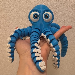 Può includere: Un giocattolo polpo articolato blu e bianco con grandi occhi da cartone animato. Il polpo ha tentacoli segmentati con ventose bianche. Il giocattolo è tenuto in mano su uno sfondo neutro. Il polpo è un giocattolo divertente e stravagante.