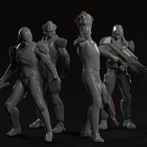Puede incluir: Cinco figuras grises, futuristas y humanoides en varias poses. Una figura sostiene un garrote con púas, otra un rifle y otra un arma futurista. Las figuras están de pie sobre un fondo negro. Z-10 Models.