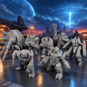 May include: A group of six grey unpainted miniature sci-fi figures standing on a dark surface. The figures include armoured soldiers with rifles, a large multi-legged mechanical creature, and a figure with a shield, all set against a futuristic city.
