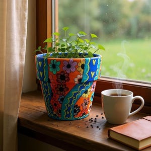May include: A vibrant, hand-painted flower pot filled with greenery sits on a wooden windowsill. The pot features a colorful floral design with orange, blue, and purple hues. A white mug of steaming coffee and a small notebook complete the cozy scene.