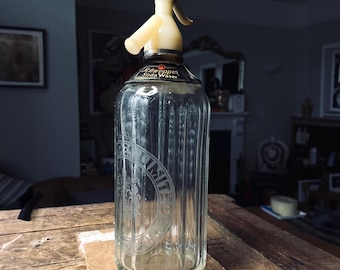 Vintage Schweppes Soda Syphon, Etched Glass Bottle, with Collar