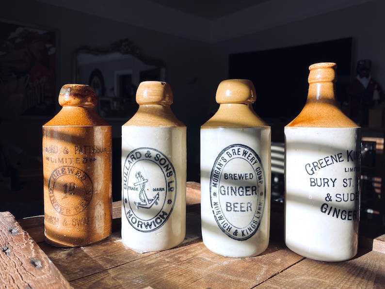 Vintage Ginger Beer Stoneware Bottles C1900s bullard And Sons Steward vintage-ginger-beer-stoneware-bottles-c1900s-bullard-and-sons-steward