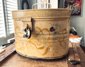 Victorian Hand-painted Metal Hatbox with Padlock and Key
