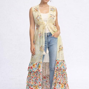 Buttercream Boho Patchwork Cardigan – Rose Embroidered Duster – Romantic Layering Jacket – Women’s Boutique Clothing