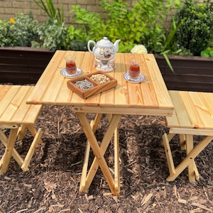 Handmade Portable Folding Pine Wood Garden Dining Set - Table & Two Chairs