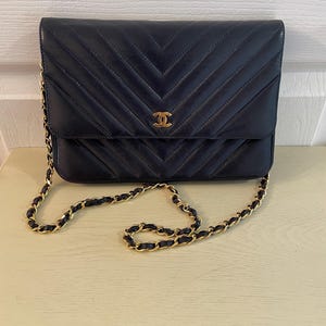 Vintage Chanel Navy Chevron Chain Strap Purse
