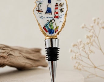 Handmade Oyster Shell Wine Stopper – Nautical Lighthouse Beach Decor, Gold Edge Bar Accessory