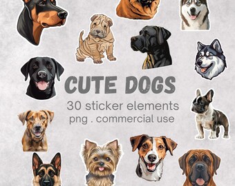 May include: A digital collection of 30 dog stickers featuring various breeds including a Doberman, Labrador, Husky, and French Bulldog. The text reads CUTE DOGS, 30 sticker elements, png, commercial use. Each dog is illustrated in a colorful style.