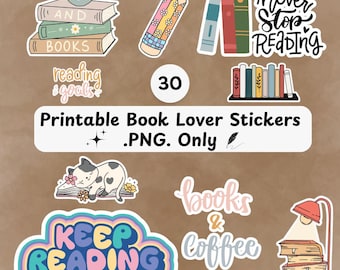 May include: A collection of digital stickers featuring books, a pencil, a cat, a lamp, and text including "Cup of Coffee", "And Books", "Never Stop Reading", "Reading Goals", "Keep Reading", and "Books & Coffee" with a label stating 30 Printable Book Lover Stickers .PNG. Only.