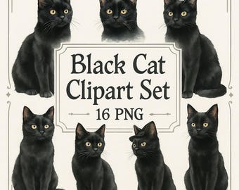 Watercolor Black Cat Clipart Set: Halloween Graphics (16 PNG)