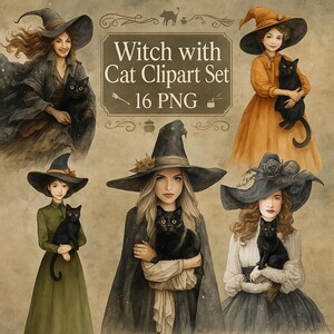 Witch and Cat Watercolor Clipart Set: Halloween PNG Files (Commercial Use Included)