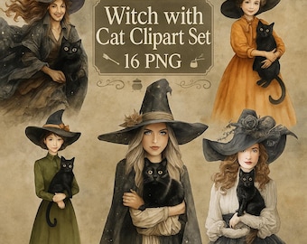Conjunto de imágenes prediseñadas de bruja y gato en acuarela: archivos PNG de Halloween (uso comercial incluido)