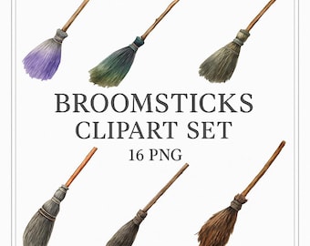 Watercolor Broomsticks Clipart Set: Halloween Witch Art (16 PNG)