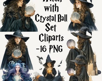 Watercolor Witch Clipart: Crystal Ball Illustrations (16 PNG Digital Download