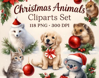 May include: A digital clipart set titled "Christmas Animals" featuring a fox, puppy, kitten, koala, hedgehog, and hamster, all with festive holiday elements like Santa hats and baubles. The set includes 118 PNG files at 300 DPI.