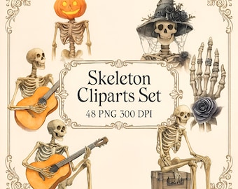 Skeleton Clipart Bundle – 48 PNG – Halloween Bones – Transparent – Watercolor Style – High Resolution