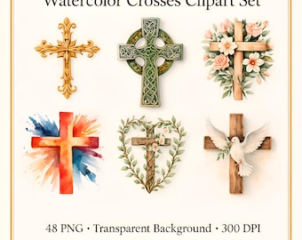 Watercolor Christian Crosses Clipart Set: 48 PNG Designs with Transparent Background (Digital Download)